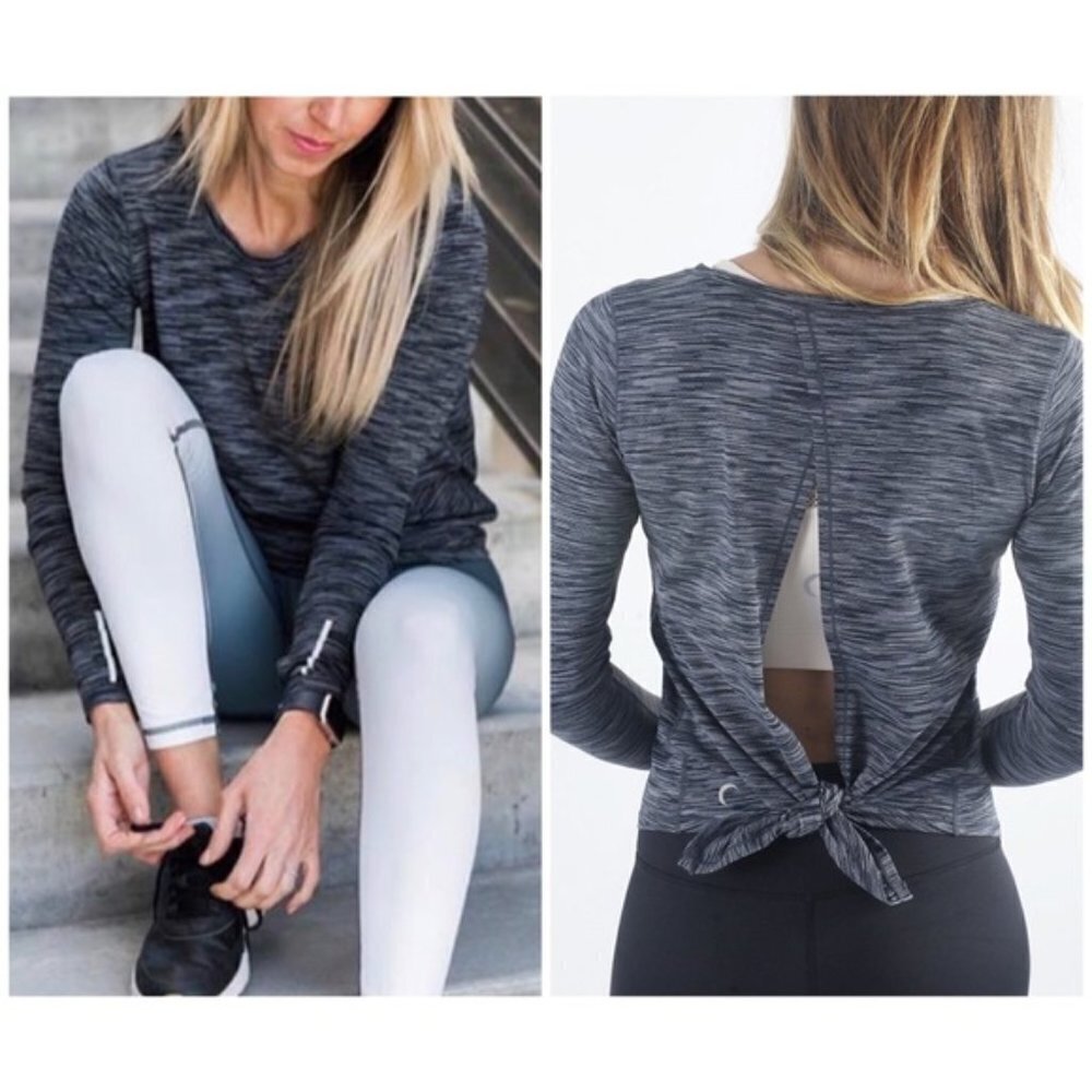 Zyia Charcoal Split Back Long Sleeve Shirt Top Thumb Holes Spacedye‎ XS